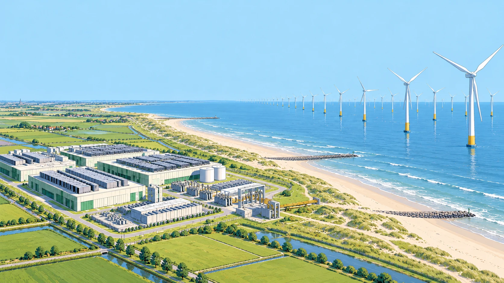 North Sea offshore wind beside a coastal datacentre campus, illustrating the planned link between compute and renewable power.